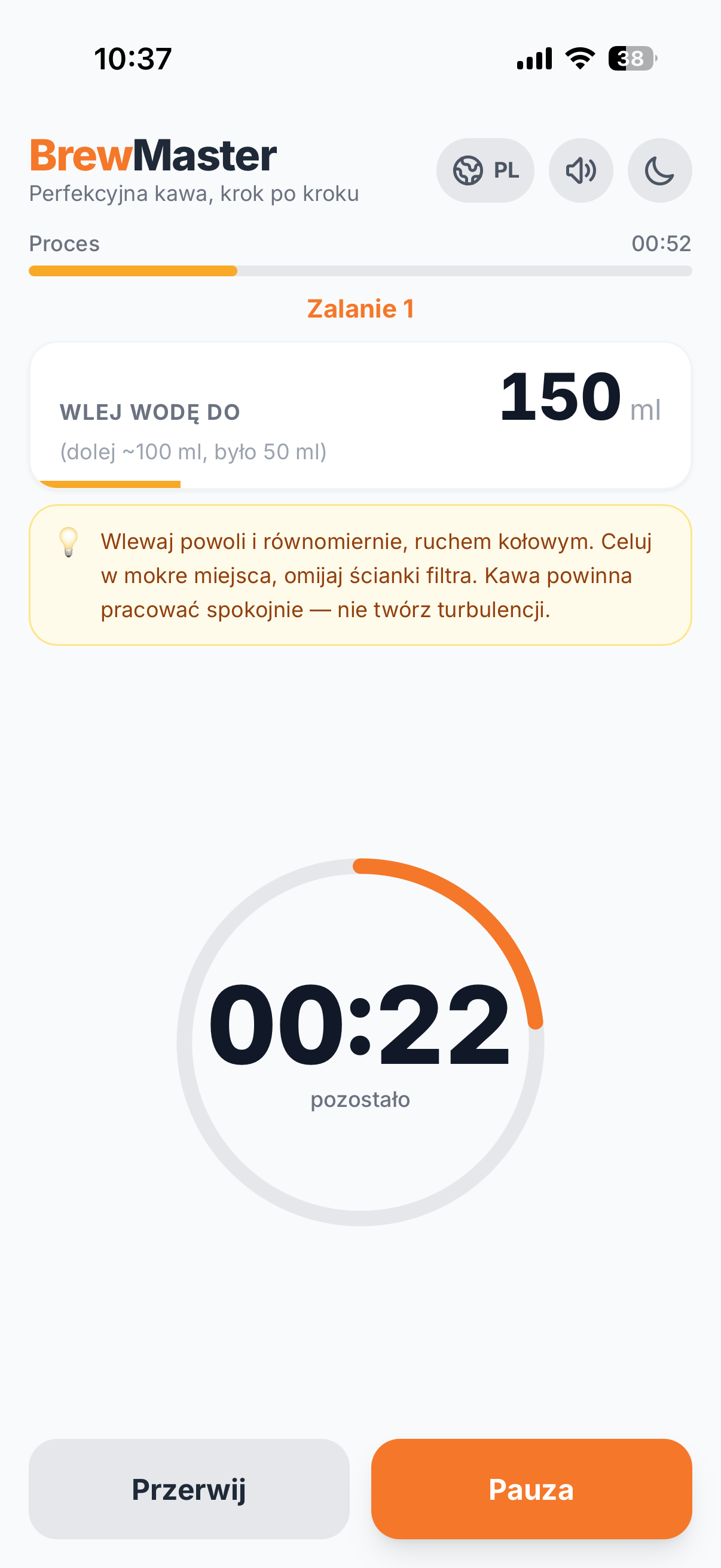 Ekran aplikacji DripFlow w trybie ciemnym pokazujący kalkulator ratio i czas preinfuzji